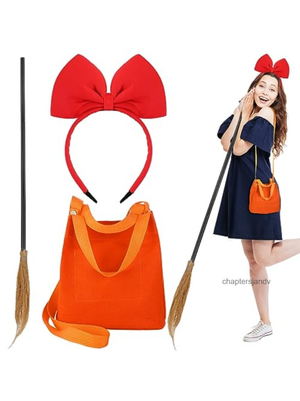 Witch Costume Set Red Bow Headband Broom Orange Bag Halloween